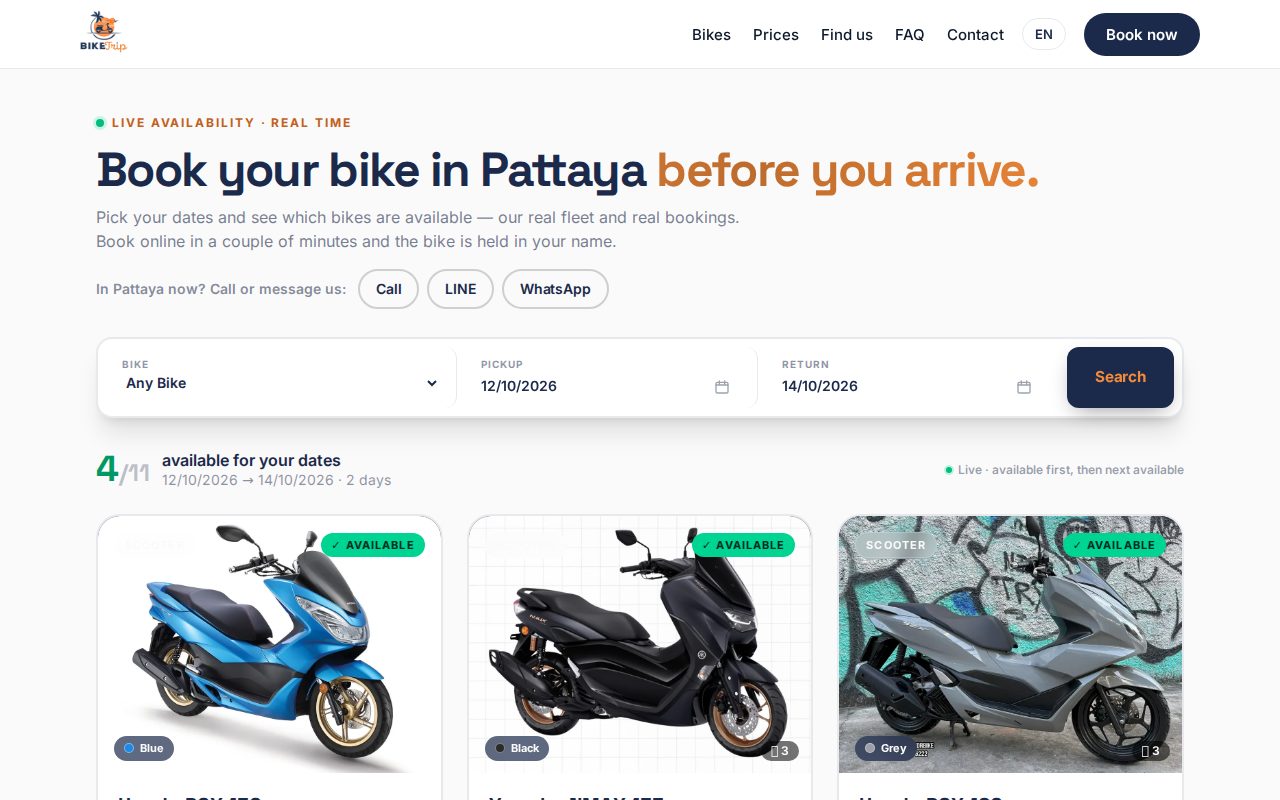 หน้าดูรถว่างของ Pattaya Bike Trip: รถที่ว่างในวันที่เลือก